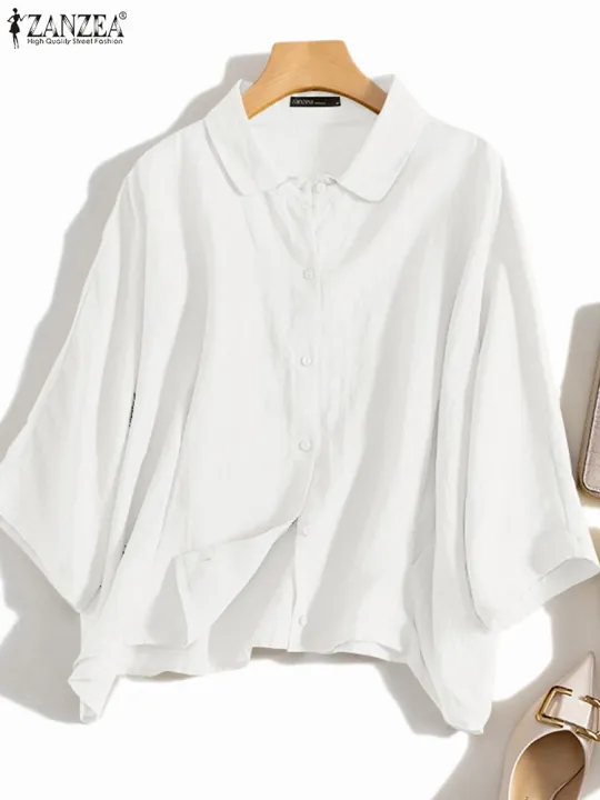 ZANZEA%20Summer%20Fashion%20Lapel%20Neck%20Shirt%20Women%20Elegant%203/4%20Sleeve%20Blouse%20Work%20Buttons%20Down%20Tops%20Tunic%20Female%20Casual%20Loose%20Blusas%20-%20Image%203