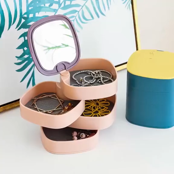 Rotatable Multi-Layer Jewelry Box With Mirror For Storing Earring Ring Chain Plastic Material Jewelry Packaging