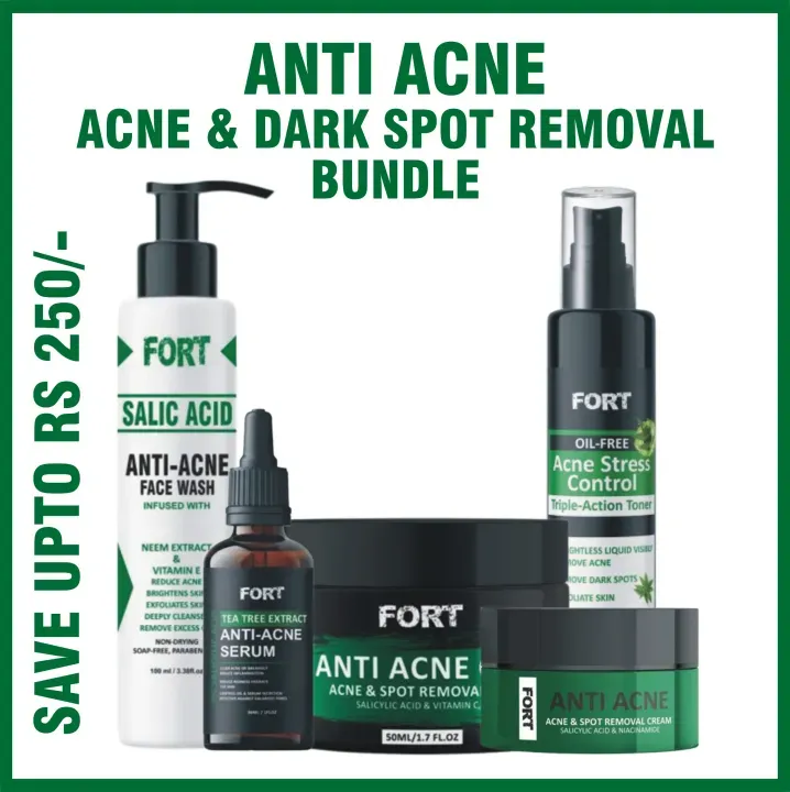 FORT Anti Acne Salicylic Acid Bundle Serum, Cream, Gel, Facewash ,Toner for Glowing Skin - Acne Skin Care Products