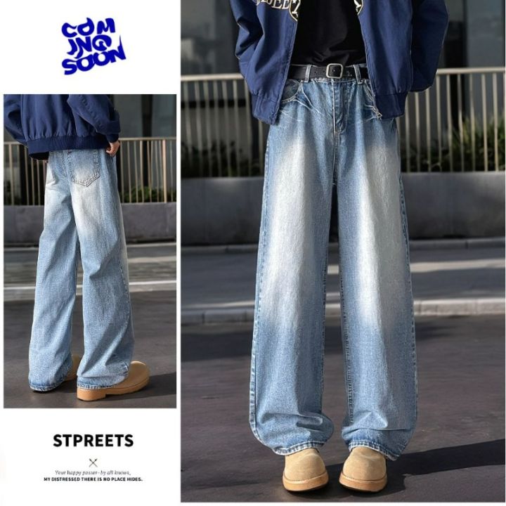 Simple Men's Y2K Baggy Denim Pants Vintage Washing Wide Leg Loose Jeans Casual Straight American Style Male Trousers New 2025