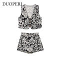 DUOPERI 2025 New Women 2 Piece Set Printed V-Neck Vest & Side Zipper Skirts Shorts Female Elegance Chic Casual Shorts Set. 