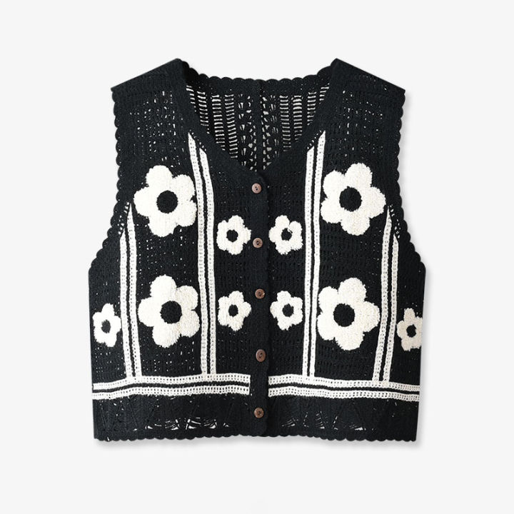 Cute Flower Crochet Vest Top for Women Teen-girl Button Front Sleeveless Crop Waistcoat  Summer Boho Chic Vacation Beach Outfit