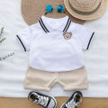 Summer Cartoon Bear Embroidered POLO Shirt And Shorts Set for Babies And Toddlers Boys Comfortable Breathable Cotton Outfit.