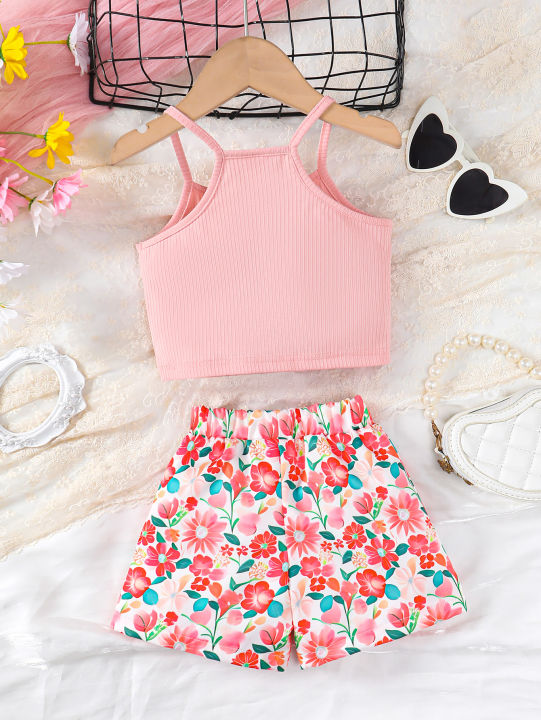 2PCS%20Summer%20Children%20Girl%20Lovely%20Clothes%20Set%20Pink%20Sling%20Short%20Sleeveless%20Top+Flower%20Shorts%20Daily%20Casual%20Wear%20Kids%20Girl%204-7%20Years%20-%20Image%203