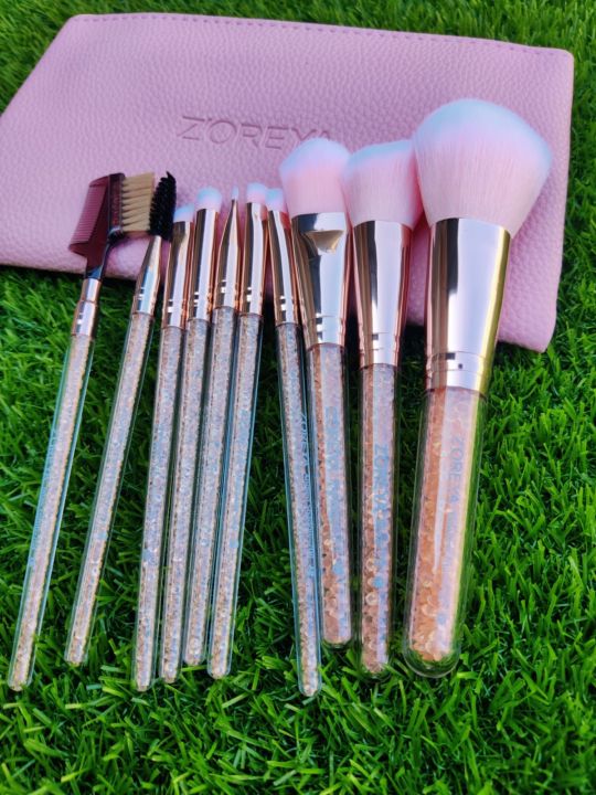 Zoreya Premium Quality Makeup Brushes Set 10 Pcs With Leather Pouch-Pink