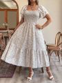 Plus Size Romantic Floral Print Square Neck Elastic Waist A-Line Hem Sleeve Long Dress for Women Holiday Casual Dress. 