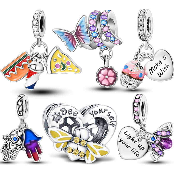 925 Sterling Silver Cute Inspirational Charms Butterfly Bee Hamsa Beads Fit Original Bracelets Energy Jewelry  For Woman