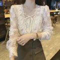 New French Square Collar Apricot White Lace Blouse Autumn Casual Loose Tops Sweet Puff Long Sleeve Lace-up Shirt Blusas 17442. 