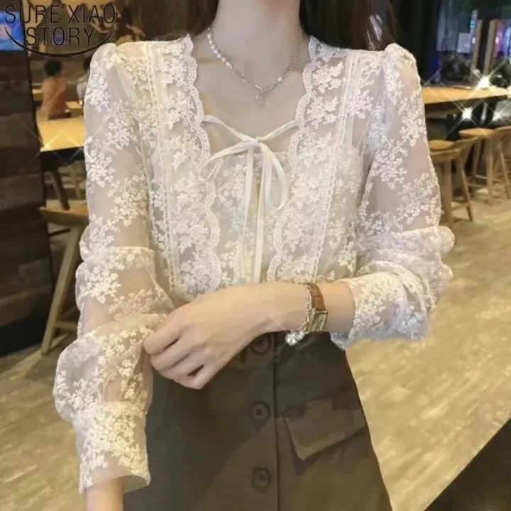 New%20French%20Square%20Collar%20Apricot%20White%20Lace%20Blouse%20Autumn%20Casual%20Loose%20Tops%20Sweet%20Puff%20Long%20Sleeve%20Lace-up%20Shirt%20Blusas%2017442%20-%20Image%202