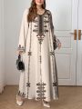 Middle Eastern Elegant Robe, New Spring and Autumn Style, Plus-Size Fashion Women's Clothing, Ethnic Print, Stylish, Loose and Comfortable, Holiday Style Long-Sleeve Dress.