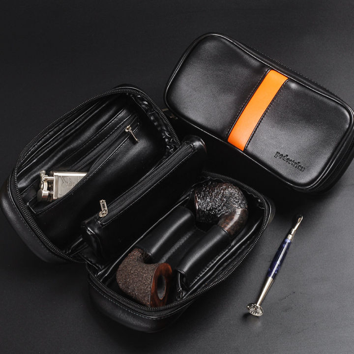 Tobacco Pipe Bag Pouch PU Leather Travel Case Storage for Two Pipes Lighter Smoking Accessories Men's Gift