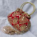 Bridal Potli Bag - Embroidered Red Chiffon Purse with Golden Sequin, Round Metal Handle, Wedding Accessory. 