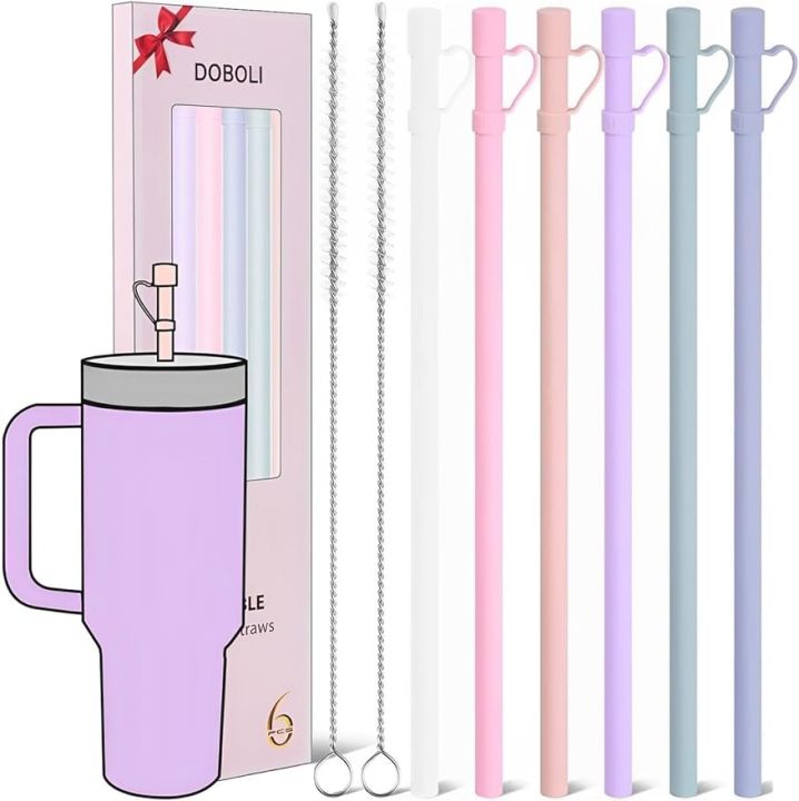 6 Pcs Replacement 12 inch Long Silicone Straw With Straw  Cover,40 oz 30 oz Cup Tumbler,  for Stanley Tumbler Accessorie