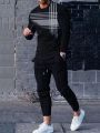 Fashionable Summer Men's Striped Patchwork Print Breathable Round Neck Long Sleeved Pants Set Outdoor Casual Wear.
