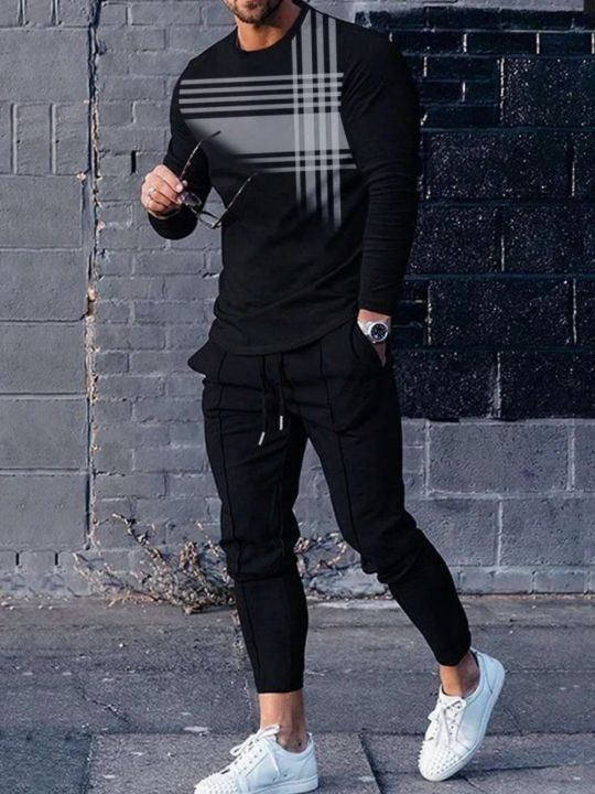 Fashionable%20Summer%20Men's%20Striped%20Patchwork%20Print%20Breathable%20Round%20Neck%20Long%20Sleeved%20Pants%20Set%20Outdoor%20Casual%20Wear%20-%20Image%202