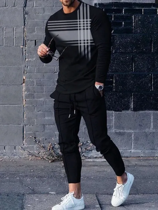 Fashionable%20Summer%20Men's%20Striped%20Patchwork%20Print%20Breathable%20Round%20Neck%20Long%20Sleeved%20Pants%20Set%20Outdoor%20Casual%20Wear%20-%20Image%202