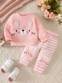Cute Rabbit Embroidery for Infants and Toddlers, Waffle Sweatshirt, Striped Jogger Pants, Two-Piece Set, Knee Pads, Elastic Waist, Soft and Warm. 