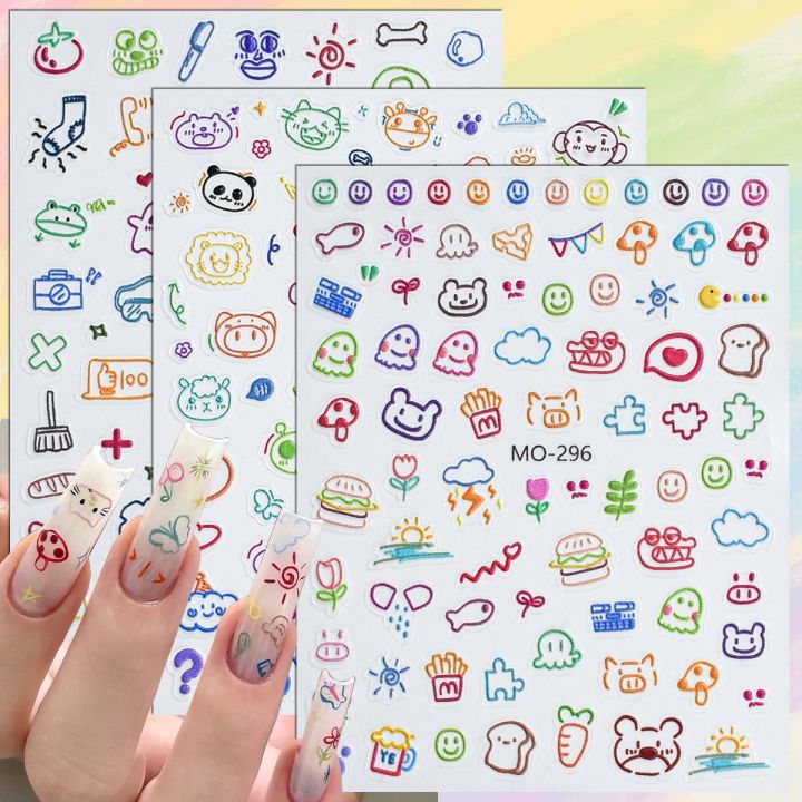 Sticker Paper Nail 3 to 15 Sheets 5D Cute Cartoon Graffiti Nail Stickers Kawaii Self ...