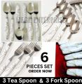 Stainless Steel Tea Spoon And Fork Spoon Set - (Pack of 6) With Ceramic Design Plastic Handel (6 PIECES SET).