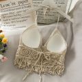 Women Beach Crop Tops Hollow Cover-Ups Perspective Tassel Sexy Spaghetti Strap Swinwear Built In Bra Backlless Halter Neck. 