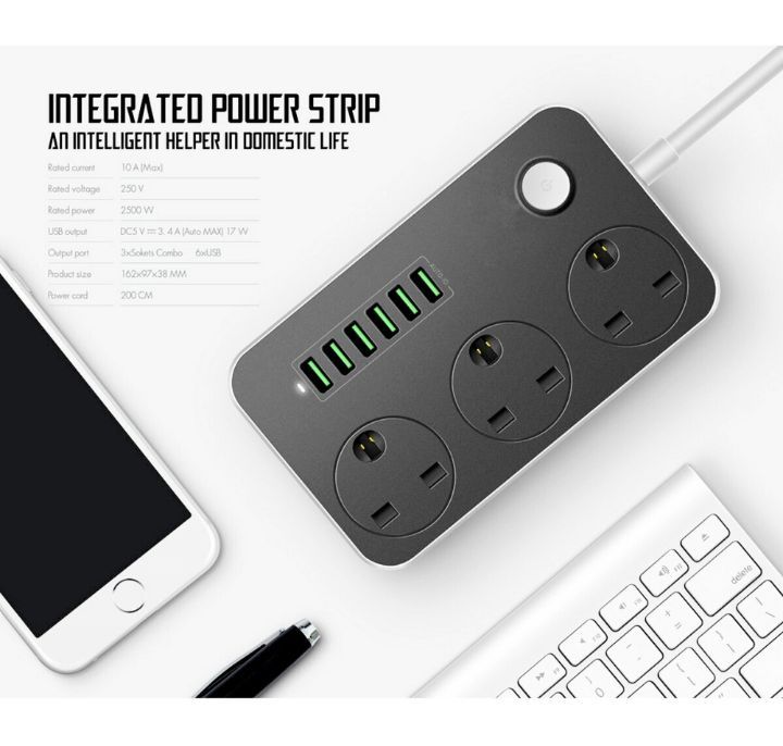 2500W%203.4A%20Power%20Socket%20With%203%20Anti-Static%20AC%20Sockets%20And%206%20Intelligent%20USB%20Charging%20Ports%20-%20Image%202