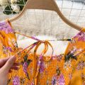 Fashion Summer Flower Print Long Dress Women Vintage Square Neck Ruched Chest Chiffon Sundress Party Vestidos. 