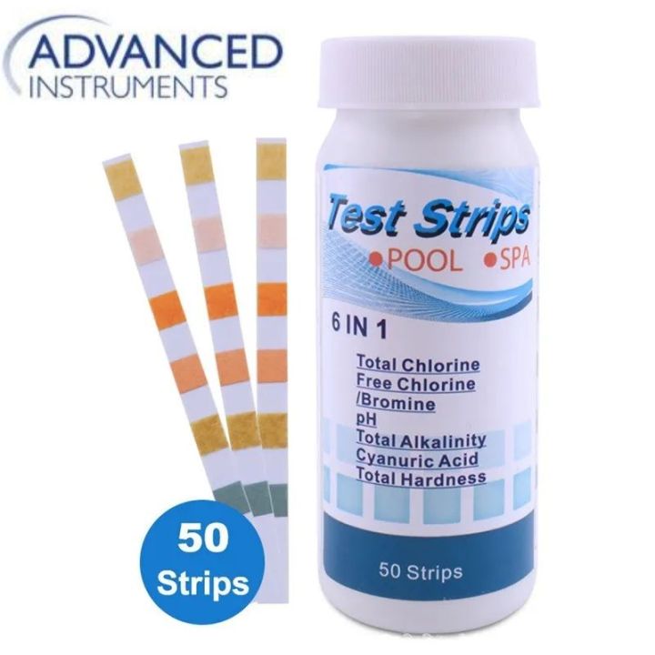 ADVANCED™ 6 in 1 Pool Test Strips 50 Counts Swimming Pool Hot Tub Spa Water Quality Testing for Total Chlorine / Free Chlorine / Bromine / Total Hardness / pH Paper Strips / Cyanuric Acid / Total Alkalinity Meter