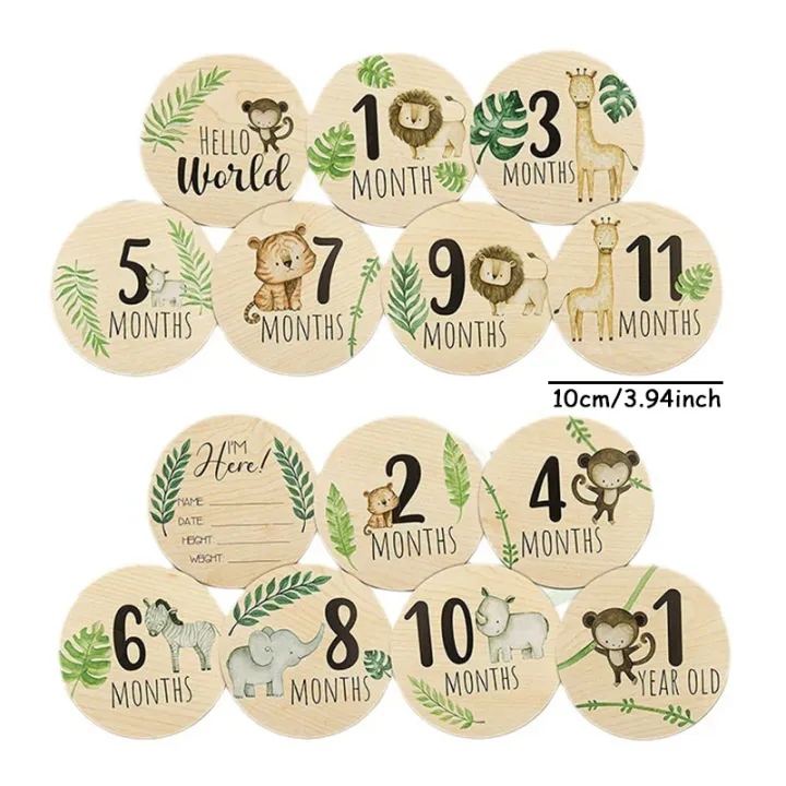 7pcs Newborn Photography Props Baby Milestone Card Animal Print Wooden Monthly Recording Commemorative Cards Baby Shower Gifts