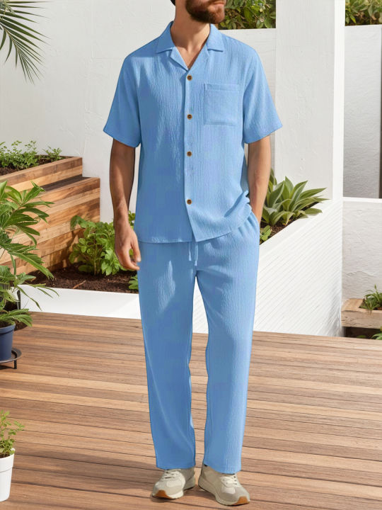 Men's%20Casual%20Two%20Piece%20Sets%20Solid%20Color%20Lapel%20Short%20Sleeve%20Tops%20and%20Long%20Pants%20Suits%20Spring%20Summer%20Fashionable%20Men%20Sets%20Clothing%20-%20Image%202
