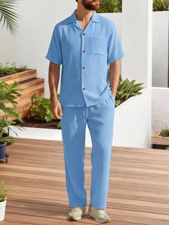 Men's%20Casual%20Two%20Piece%20Sets%20Solid%20Color%20Lapel%20Short%20Sleeve%20Tops%20and%20Long%20Pants%20Suits%20Spring%20Summer%20Fashionable%20Men%20Sets%20Clothing%20-%20Image%202