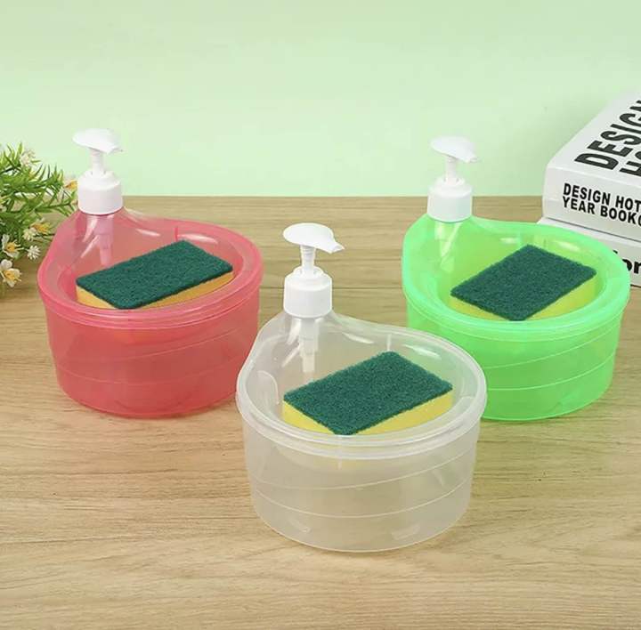 Kitchen Soap Dispenser and Scrubber Holder Multifunctional Dishwashing Container 1000ml Manual Sink Dish Washing