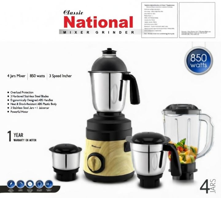 Indian Mixer Grinder 750 Watts Power 3 Pcs Stainless Steel Jars with 1 Juicer Jar 12 Months Warranty