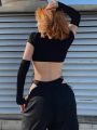 Short Sleeve Bodysuit, Mock Neck Women Y2k Clothes, Hollow Out One-Piece Body Feminino, Lace Up Club Outfits,  Lingerie. 