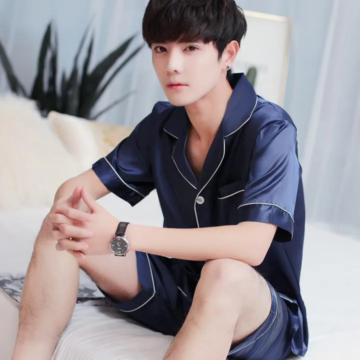 Summer%20Men's%20New%20Ice%20Silk%20Pajamas%20Homewear%20Suit%20Men's%20Thin%20Short-Sleeved%20Shorts%20Loose%20Large%20Size%20Youth%20Fashion%20Leisure%20Suit%20-%20Image%202