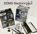 DOMS Geotron Geometry Set * ဂျီအိုမေတြီဘောက်စ် အရည်အသွေးမြင့် သင်္ချာရေးဆွဲကိရိယာအစုံ DOMS Geotron geometry set boxes metal case and tools arranged neatly (compass, ruler, protractor, pencil). 