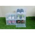 Clear shoe box, open storage box, front lid with 2 sizes. 