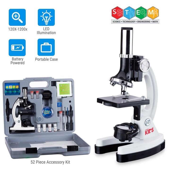 IQCrew By AmScope M30 Series 52-pcs STEM Microscope Kit for Kids 120X-1200X Magnification with Metal Body, Plastic Slides, LED Light and Storage Box
