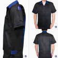 Mechanic's shirt, short-sleeved shop, black background, color, standard fabric, durable texture. 