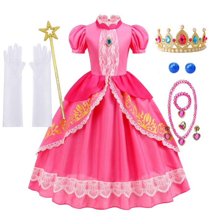 Pumber Bros Vedio Game Movie Cosplay Girl Peach Dress up Lace Ball Gown Princess Costume Kid Cute Halloween Clothing Frock 2-10Y