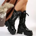 Winter 2024 New Women's Fashion Mid Tube Boots Lace Up High Platform Wedge Boots New Women's Fashion Solid Color Boots.