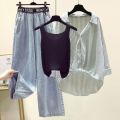 Autumn 2024 Women's Clothing Outfit Ladies Casual Loose Shirt Vest Wide Leg Denim Pants 3 Piece Sets Fashion Letter Jeans Blouse. 