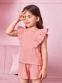 Girl's Casual Solid Color Flying Sleeve Top And Shorts Set. 