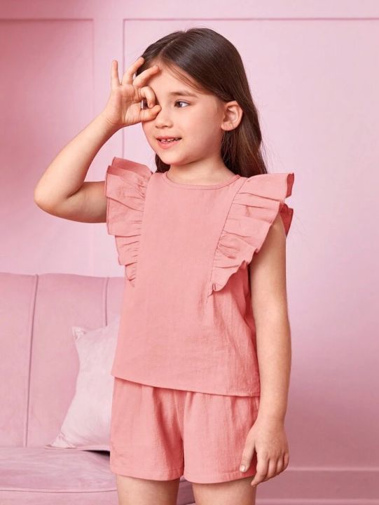 Girl's%20Casual%20Solid%20Color%20Flying%20Sleeve%20Top%20And%20Shorts%20Set%20-%20Image%205