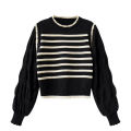 women Black and white striped fake two-piece knitted sweaters pring and autumn Korean soft glutinous pullover sweater female. 