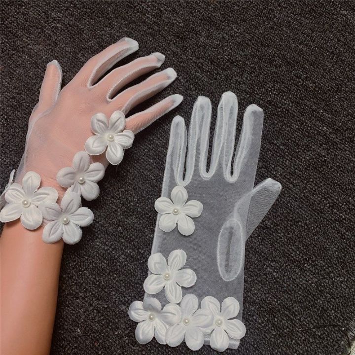 Korean%20Simple%20Short%20White%20Transparent%20Mesh%20Flower%20Pearl%20Wedding%20Dresses%20Gloves%20For%20Bride%20Evening%20Parties%20etiquette%20Accessories%20-%20Image%202