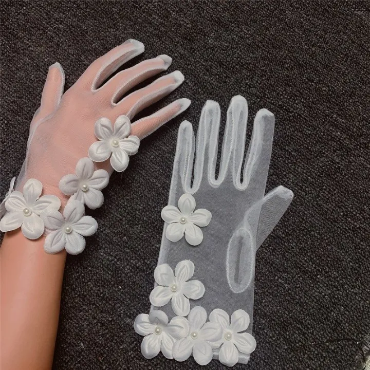 Korean%20Simple%20Short%20White%20Transparent%20Mesh%20Flower%20Pearl%20Wedding%20Dresses%20Gloves%20For%20Bride%20Evening%20Parties%20etiquette%20Accessories%20-%20Image%202