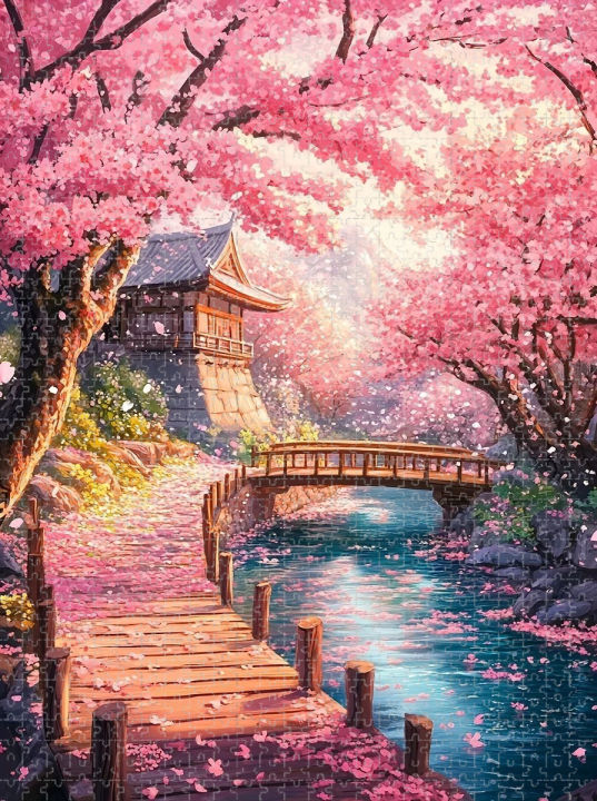 500/1000/1200/2000PCS Adult Jigsaw Puzzle Cherry Blossom House Landscape Reducing Toy Holiday Perfect for DIY Creative Fun