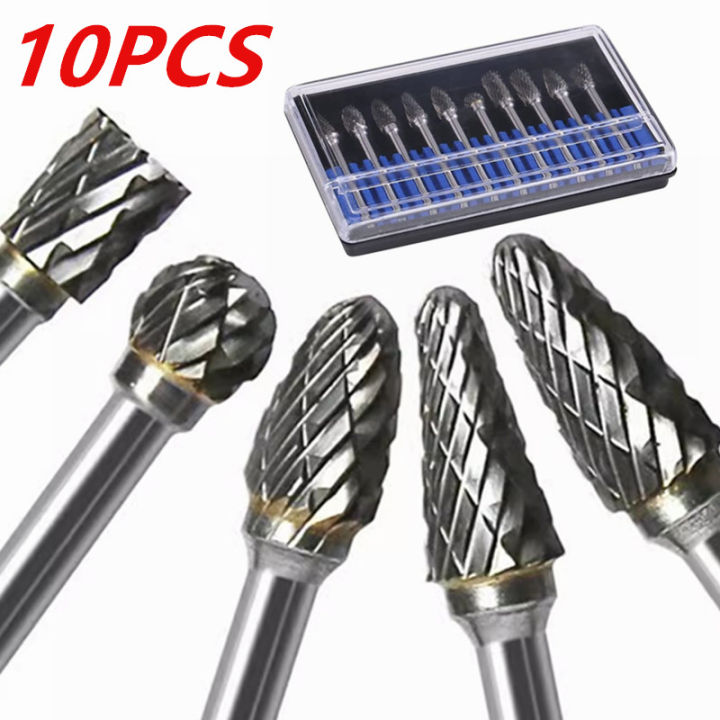 10pcs Carbide Burr Set, Hard Alloy Tungsten Steel Double Cut Rotary File Milling Cutter Head, Woodworking Grinding