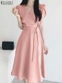 ZANZEA Elegant Summer Short Sleeve Dress Women Fashion OL Work Sundress Robe Femme Casual Solid A Line Vestido Kaftan Sarafans.