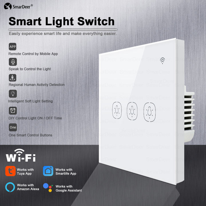 SmarDeer Tuya Smart Switch, 1/2/3Gang Wifi Touch Switches, Works with Alexa and  Assistant, WiFi Wall Switch
